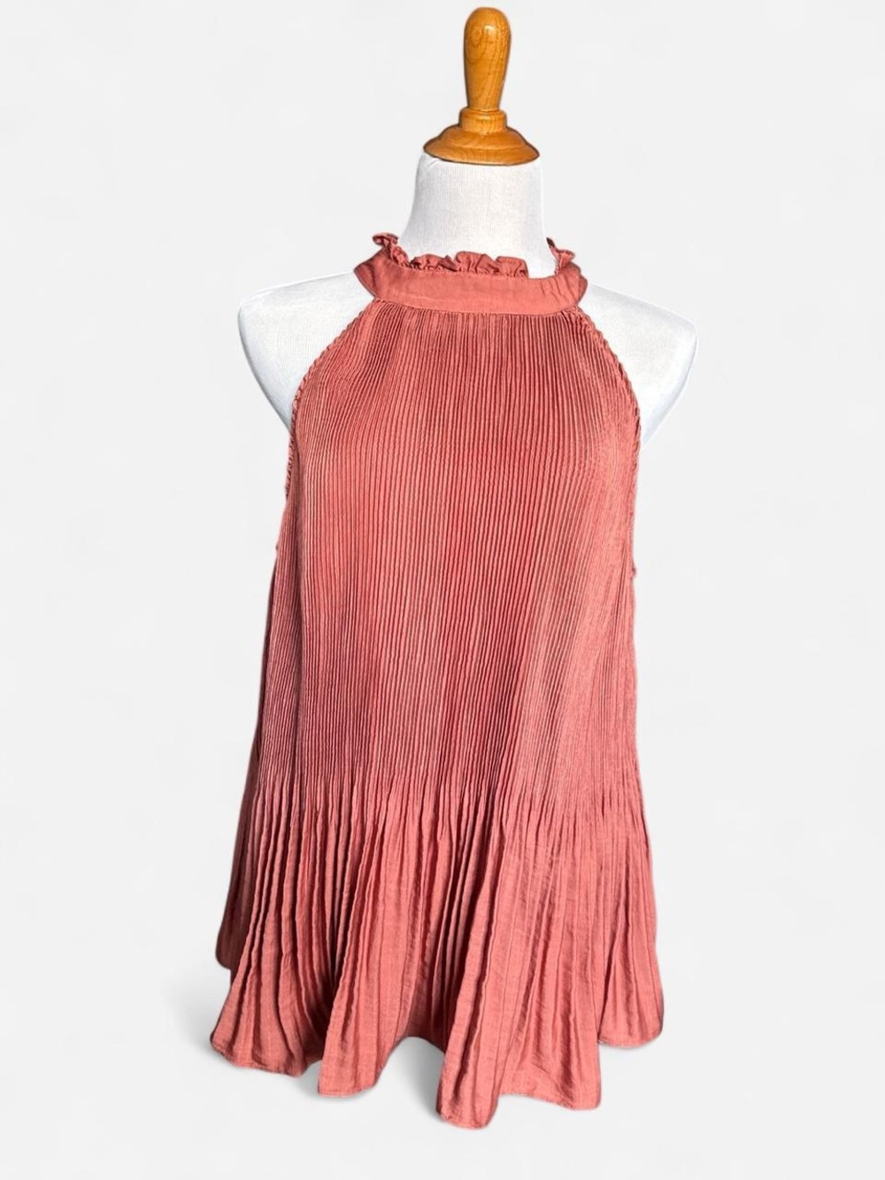 Arula Sleeveless Ruffled High-Neck Pleated Tank Top - Coral